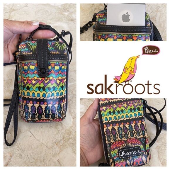 As New! SAKROOTS Peace Smartphone Wristlet Crossbody Bag Radiant One World - Picture 1 of 14